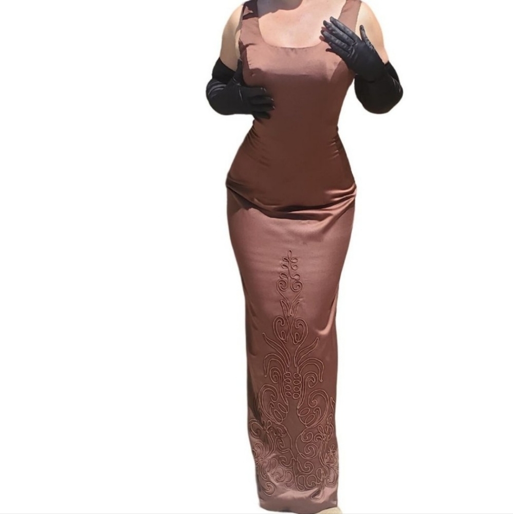 Vintage Brown Satin Square-Neck Slim-Cut Evening Gown 90s Y2K Size 6